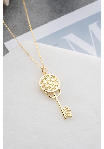 925 Ayar Gümüş Gold Kaplama Lotus Çiçeği Detaylı Anahtar Kolye Gold