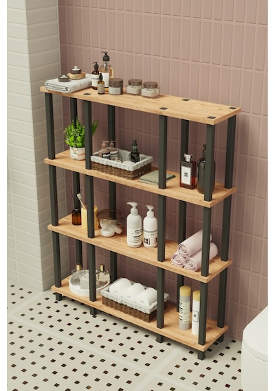 Ravina 4 Katlı Banyo Düzenleyici Çok Raflı Banyo Organizeri Çok Amaçlı Banyo Düzenleyici Meşe