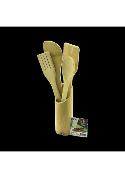 Hubrendy Tedarik Ahşap Bambu Mutfak Servis Seti 5 Parça Kaşık, Çatal, 2 Spatula, Stand 27.5/30 Cm Diğer