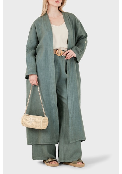 Via Dante% 100 Keten Dantel Ve Brode İşleme Detaylı Kimono Bayan Kimono 7183543 Haki