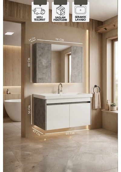 Retro 80 Cm Lavabolu, Aynalı Banyo Dolabı, Retro Gümüş-beyaz, Seramik Lavabo Dahil