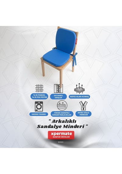 Arkalıklı Sandalye Minderi Oval Bağcıklı Mutfak Bahçe Balkon Minderi Mavi