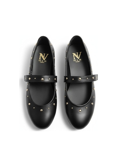 Ne&ve Shoes Siyah Deri Pim Detaylı Yuvarlak Burunlu Kadın Günlük Babet