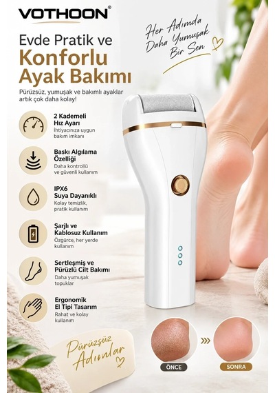 Ers Şarjlı Ayak Törpüsü 2 Kademeli Hız Ipx6 Suya Dayanıklı Baskı Algılamalı Topuk Nasır Temizleyici