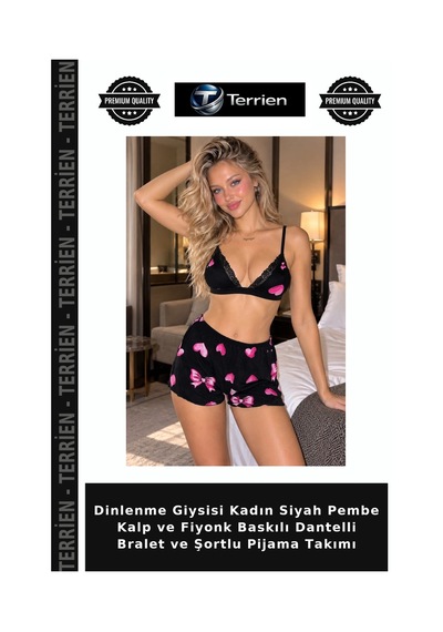 Terrien Dinlenme Giysisi Kadın Siyah Pembe Kalp Ve Fiyonk Baskılı Dantelli Bralet Ve Şortlu Pijama Takımı Siyah - Pembe