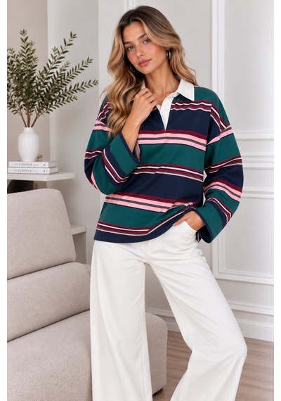 Lima Çok Renkli Kadın Yeşil Lacivert Pembe Çizgili Polo Yaka Oversize Uzun Kollu Sweatshirt Lima Çok Renkli Kadın Yeşil Lacivert Pembe Çizgili Polo Yaka Oversize Uzun Kollu Sweatshirt