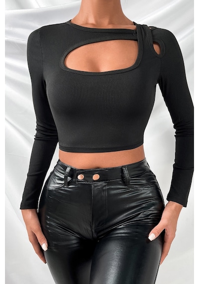 Angbutik Kadın Siyah Göğüs Dekolteli Çapraz Askılı Uzun Kollu Crop Top Bluz