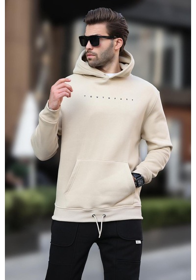 Madmext Bej Kapüşonlu Baskılı Erkek Sweatshirt 7077 Bej
