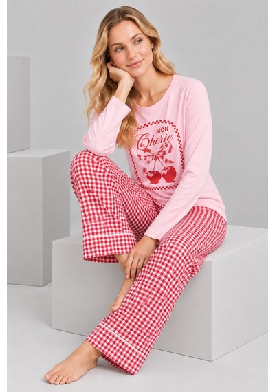Pijamask Kadın Pembe Kiraz Baskılı Kırmızı Ekose Bol Paça Pamuklu Pijama Takımı Pudra