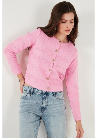 Lela Premium Regular Fit Bisiklet Yaka Düğmeli Dokulu Triko Bayan Hırka 680Hi00337 Şeker Pembe