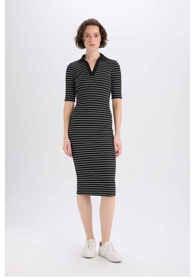 DeFacto Bodycon Vücudu Saran Polo Yaka Fitilli Kaşkorse Kısa Kollu Midi Elbise E6792AX25SPBK27