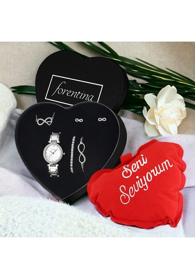 Forentina Kalpli Sonsuzluk Kolye Küpe Bileklik Saat Kalpli Yastık Hediye Set Ps3409 Çok Renkli