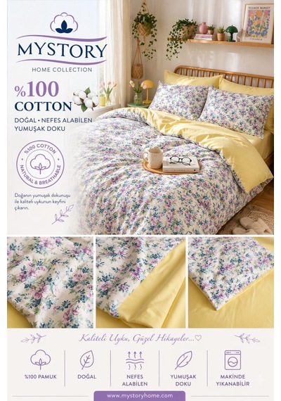 %100 Pamuk Çift Kişilik Nevresim Takımı Spring Bloom Sarı Sarı Lila Yeşil