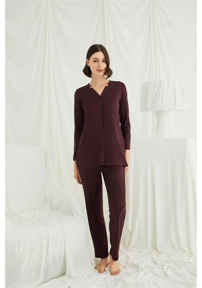 Ang Butik Kadın Uzun Kollu Boydan Düğmeli V Yaka Pijama Takımı Mürdüm