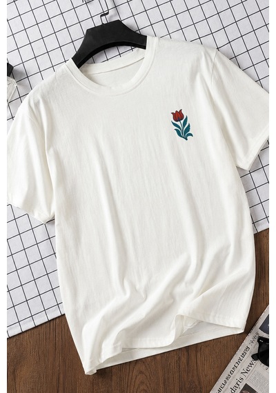 Spoyi Osmanlı Lalesi Tasarımlı %100 Pamuk Yarım Oversize Beyaz T-shirt