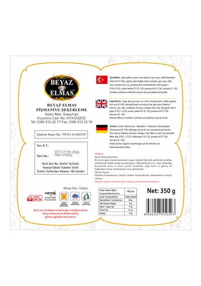 Beyaz Elmas Kuş Lokumu 350 Gr - Geleneksel Türk Lokumu - Karışık Meyve Aromalı İkramlık Lokum