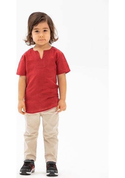 Eliş Şile Bezi Kısa Kol Şile Bezi Bisiklet Yaka Erkek Çocuk Tshirt Kırmızı 3051