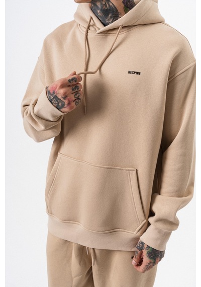Erkek Respire Yazı Detaylı Kapüşonlu Basic Oversize Hoodie Bej