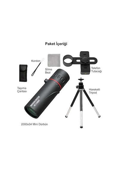 Plentiful 2000x24 Zoom Monoküler Mini Taşınabilir Hd Dürbün Su Geçirmez Tripod Telefon Tutacağı Siyah