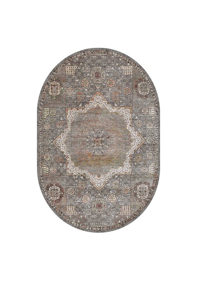 Vintage Desenli Pamuk Taban Dekoratif Oval Halı Gri