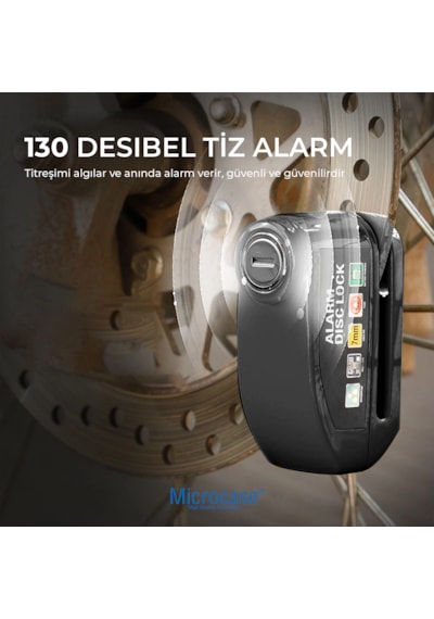 Microcase Alarmlı Motosiklet Disk Kilidi 110db/130db Yüksek Sesli - Su Geçirmez Anahtarsız Bas Kilitle Scooter Bisiklet E-bike E-scooter Uyumlu 7mm Kilit Pimi - Al5872 Siyah