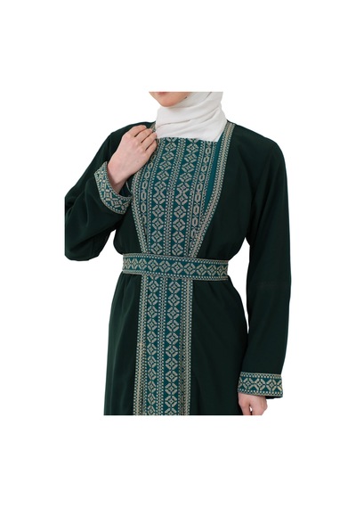 Zaytoon Nakışlı İç Elbiseli Ve Kemerli İki Parçalı Filistin Mirası Abaya Seti Yeşil