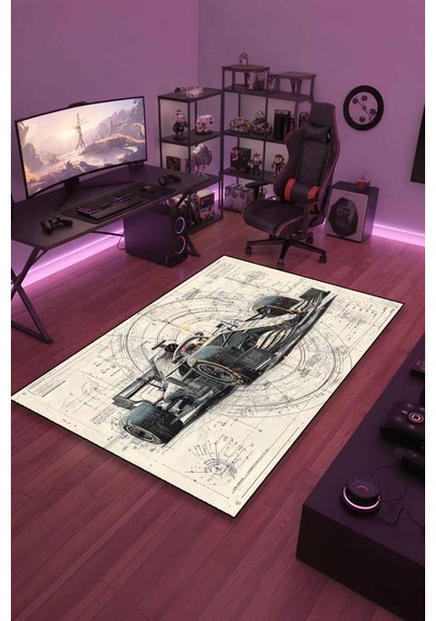 F1 Tema Blueprint Halı Dijital Baskı Yıkanabilir Kaymaz Taban Leke Tutmaz Çok Renkli-65