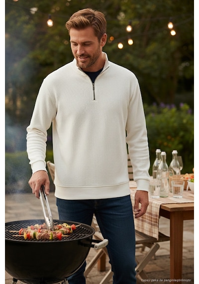 Buratti Pamuklu Regular Fit Yarım Fermuarlı Dik Yaka Erkek Sweat 5905716 Ekru