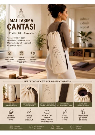 Yoga Mat Taşıma Çantası Hayat Ağacı Lotus Namaste Desenli Hambez Kanvas 70x21 Cm Koyu Kahverengi
