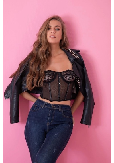 Moon Wear Siyah Özel Tasarım Taşlı Büstiyer Çok Renkli