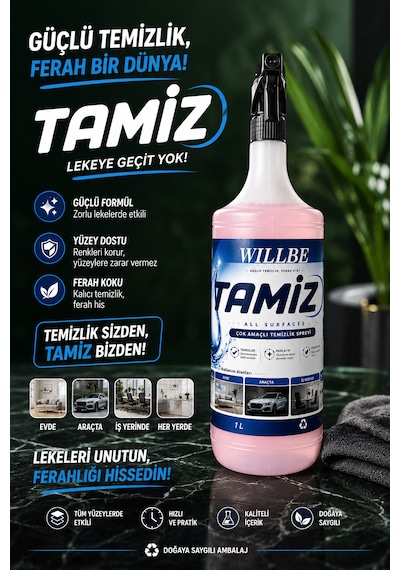 Willbe Tamiz Çok Yüzeyli Temizlik Spreyi Leke Çıkarıcı Yağ Çözücü 1l All Surfaces
