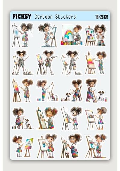 Sevimli Ressam Kız Sticker Seti - 20 Adet Etiket Çıkartma Diğer