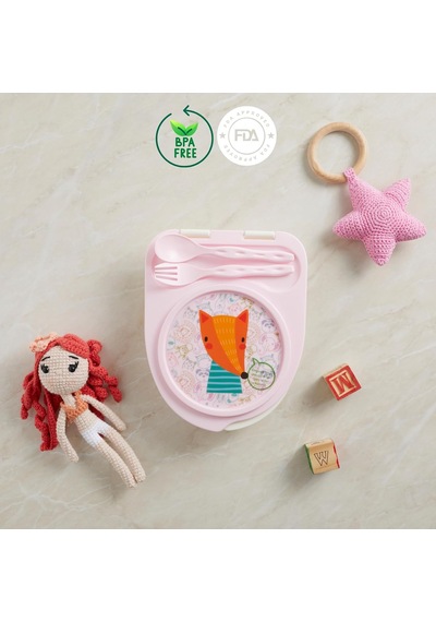 Flybee Gezgin Çocuk Taşınabilir Beslenme Kabı, Bebek Mama Kabı, Çatal & Kaşık Seti - Tilki Pembe Tilki Genel