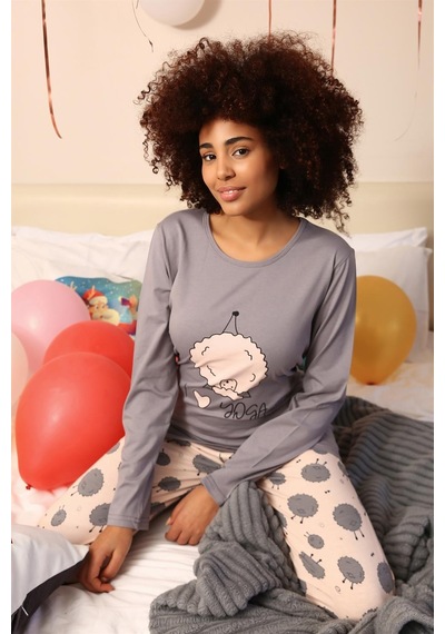 Akbeniz Kadın Penye Uzun Kol Pijama Takım 4186 Gri