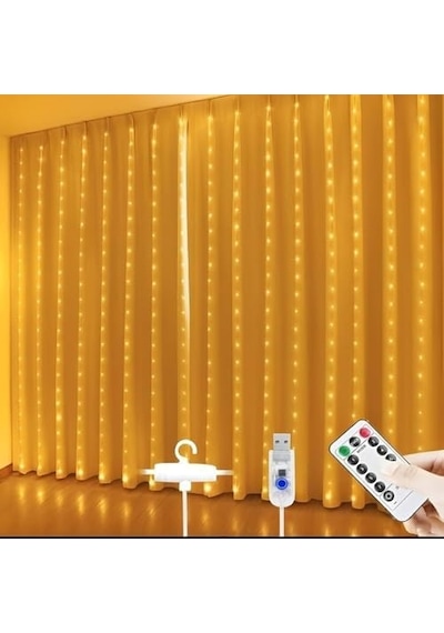3x3 Metre Perde Led Işık, 300 Ledli 10 Sarkıtlı Dekoratif Peri Led, Uzaktan Kumandalı Ve 8 Fonksiyonlu, Usb Girişli Günışığı Sarı Duvar Ve Perde Aydınlatması .