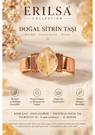 Sertifikalı Doğal Sitrin Taşı Yüzük Bakır Kasa Ayarlanabilir Bere Çok renkli