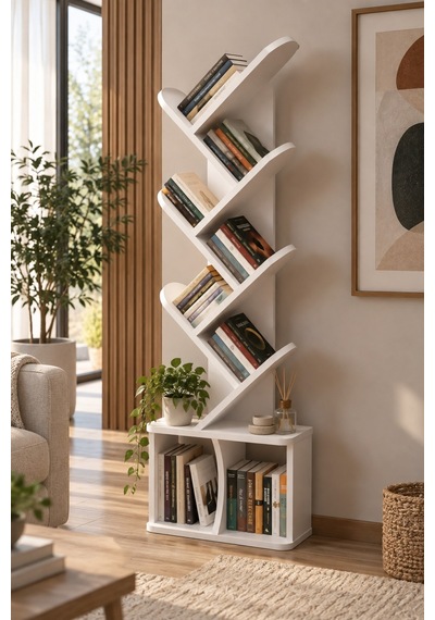 Sulorahome Yaprak Tasarımlı Beyaz Kitaplık 45x132 Cm Antrasit