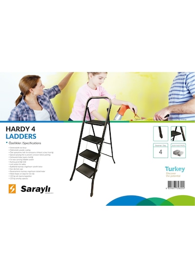 Saraylı Hardy Siyah Pratik Seyyar Merdiven 4 Basamak - Geniş Basamaklı