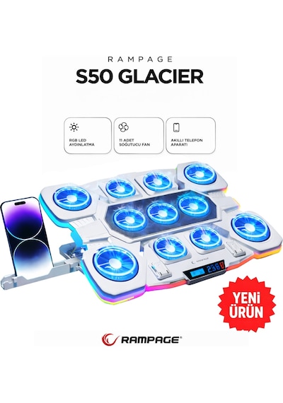 Rampage S50 Glacier Beyaz Rgb Işıklı 11 Fanlı Lcd Göstergeli 1 Type C 1 Usb Girişli Yükselebilen Notebook Soğutucu