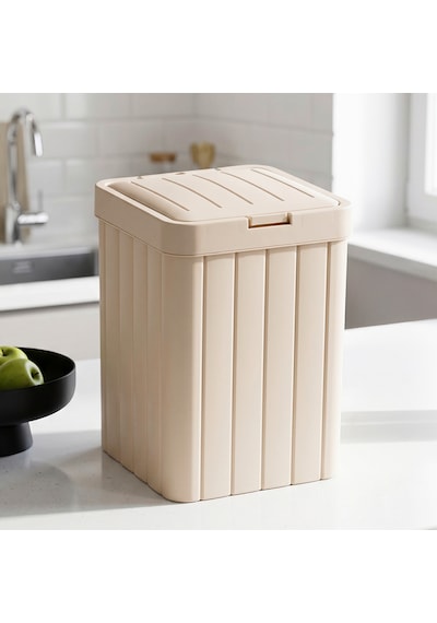 Porsima G-853 Linny Kare Çöp Kutusu Banyo Mutfak Çöp Kovası Kapaklı Banyo Çöp Kovası 10lt Bej