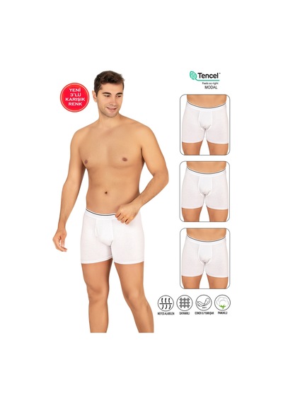 Özkan Underwear Özkan 11256 3'lü Paket Erkek Premium Kumaş Modal Pamuklu Esnek Yumuşak Boxer Şort Beyaz