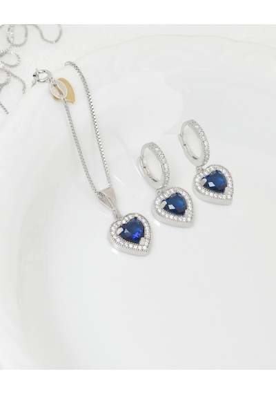 Brezza Lusso Jewelry Diamond Model Lusso Elegant Sapphire Heart Kadın Kolye Küpe Seti
