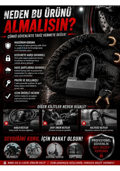 Bmd-04 1.8m Uzunluk Çalınmalara Karşı Dayanıklı Motosiklet Zincir