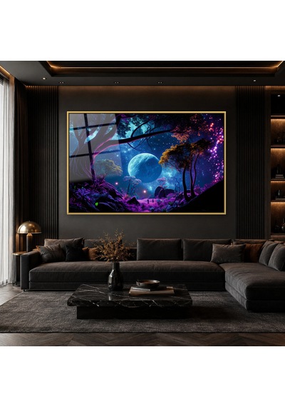 Neon Işıklı Fantastik Orman Gold Çerçeveli Cam Tablo
