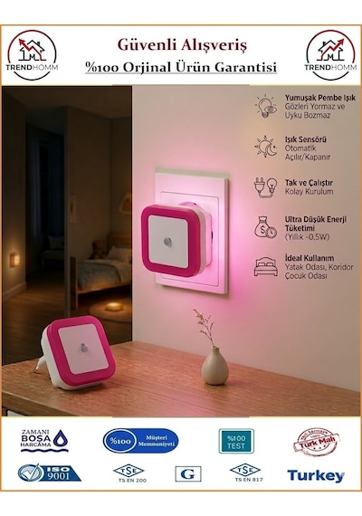 Cata Fotoselli Gece Lambası - Sensörlü Gece Lambası Pembe