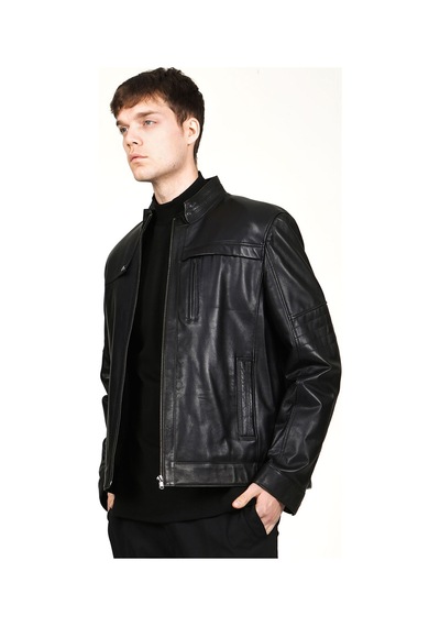 Dericlub Arthur Erkek Dik Yaka Slim Fit Gerçek Deri Mont Siyah Siyah