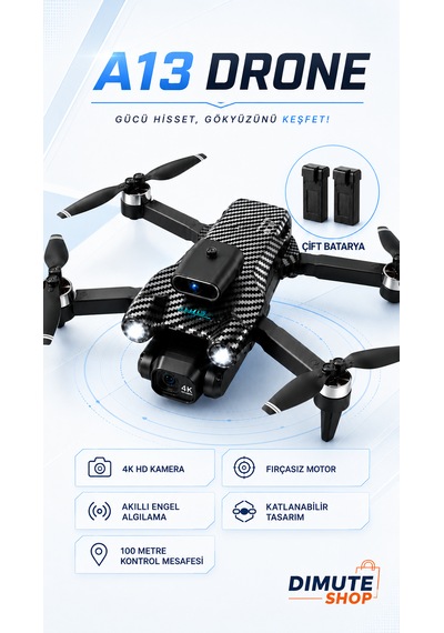 A13 Drone Çift Bataryalı 4k Hd Kameralı Fırçasız Motor Akıllı Engel Sensörlü Katlanabilir Drone