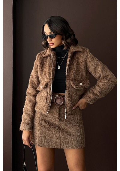 Verymoda Suni Kürk Görünümlü Kadın Ceket Açık Kahve