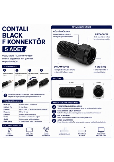 Contalı Black F Konnektör 5 Adet Siyah Uydu Anten Kablo Tv Koaksiyel Kablo Bağlantı Ucu