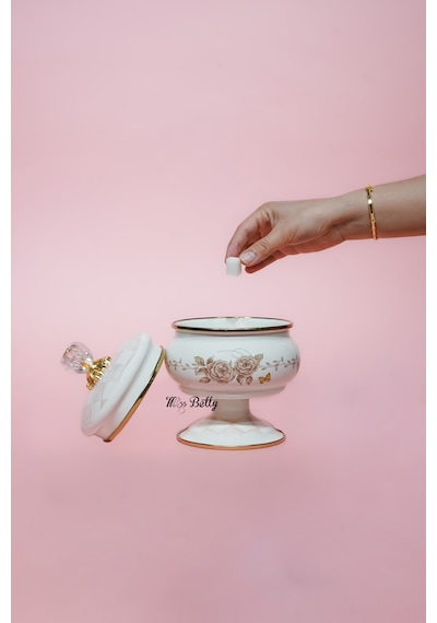 Rosadora Emaye Ayaklı Şekerlik Dekoratif Kapaklı Vintage Sunumluk Pembe